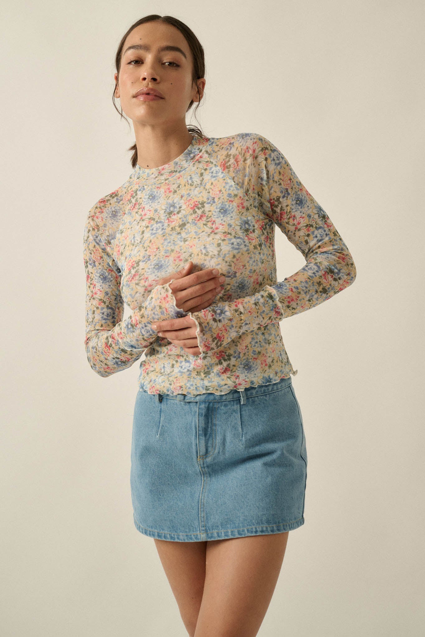 Lovely Blossoms Floral Mesh Mock-Neck Thumbhole Top - ShopPromesa