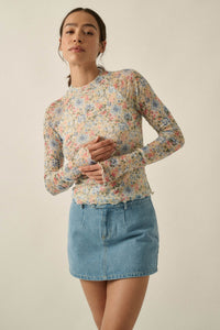 Lovely Blossoms Floral Mesh Mock-Neck Thumbhole Top - ShopPromesa