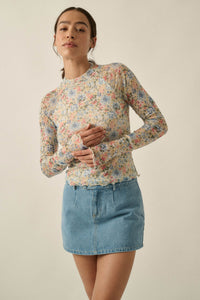 Lovely Blossoms Floral Mesh Mock-Neck Thumbhole Top - ShopPromesa