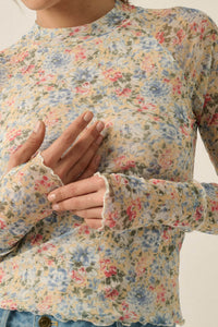 Lovely Blossoms Floral Mesh Mock-Neck Thumbhole Top - ShopPromesa