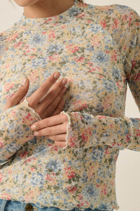 Lovely Blossoms Floral Mesh Mock-Neck Thumbhole Top - ShopPromesa