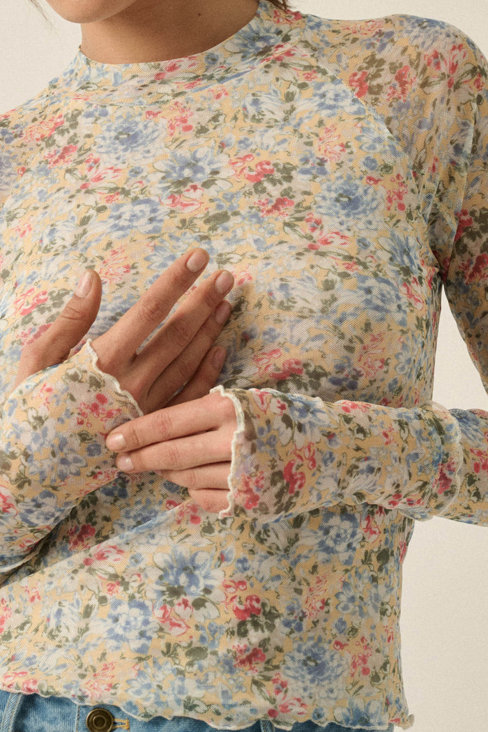 Lovely Blossoms Floral Mesh Mock-Neck Thumbhole Top - ShopPromesa