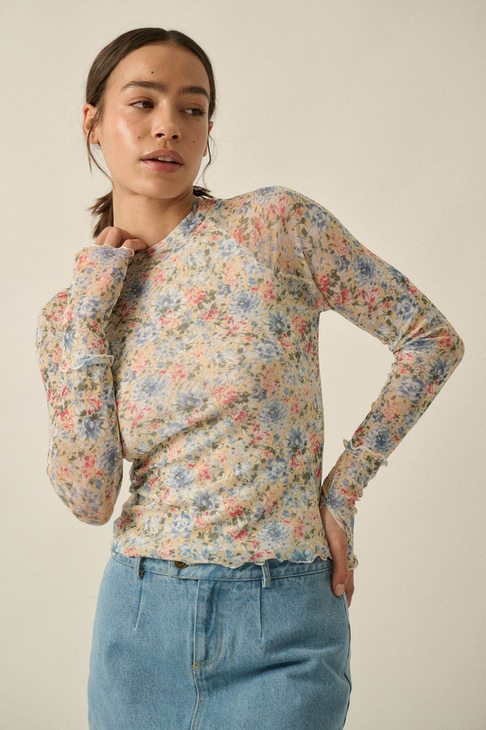 Lovely Blossoms Floral Mesh Mock-Neck Thumbhole Top - ShopPromesa