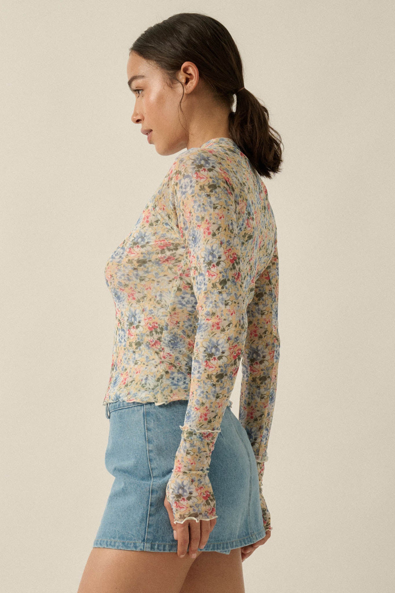 Lovely Blossoms Floral Mesh Mock-Neck Thumbhole Top - ShopPromesa