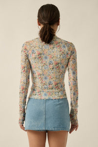 Lovely Blossoms Floral Mesh Mock-Neck Thumbhole Top - ShopPromesa