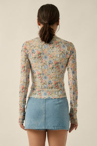 Lovely Blossoms Floral Mesh Mock-Neck Thumbhole Top - ShopPromesa