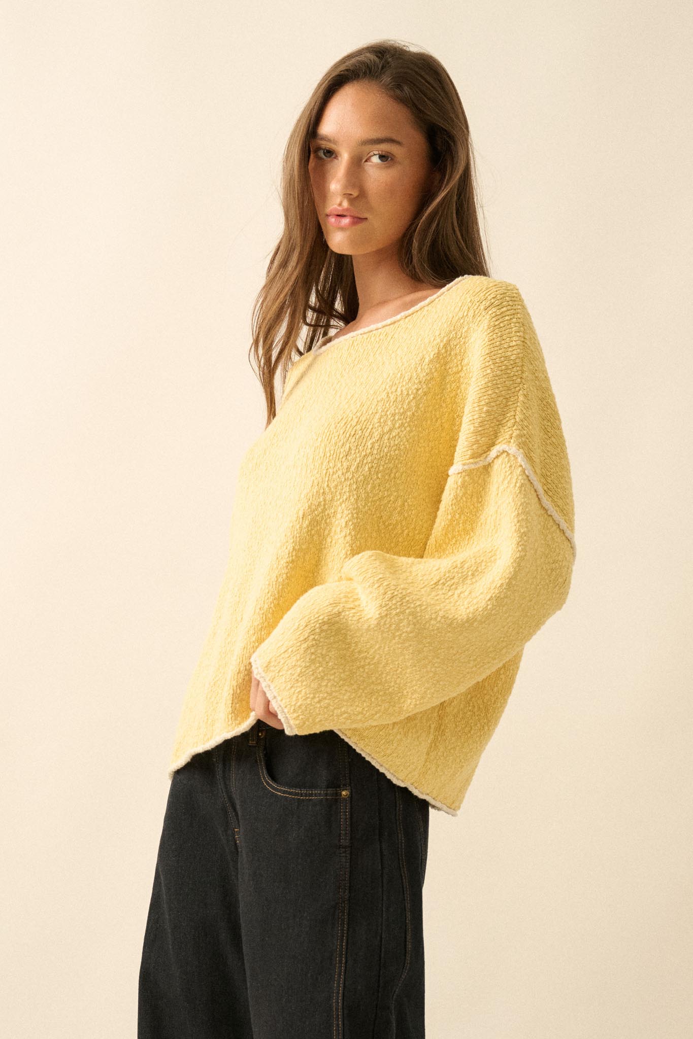 Get Cozy Textured Knit Exposed-Seam Sweater - ShopPromesa