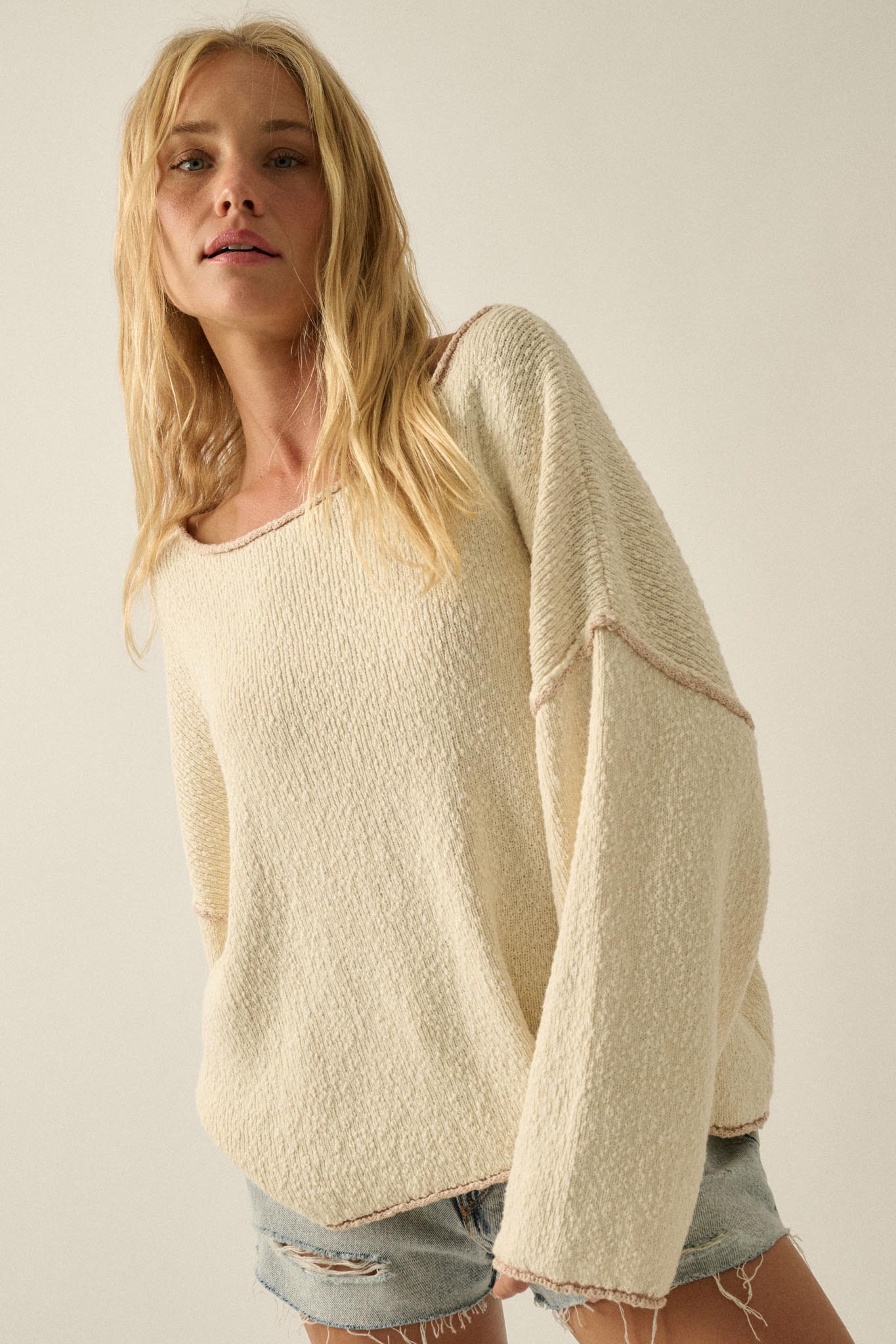 Get Cozy Textured Knit Exposed-Seam Sweater - ShopPromesa