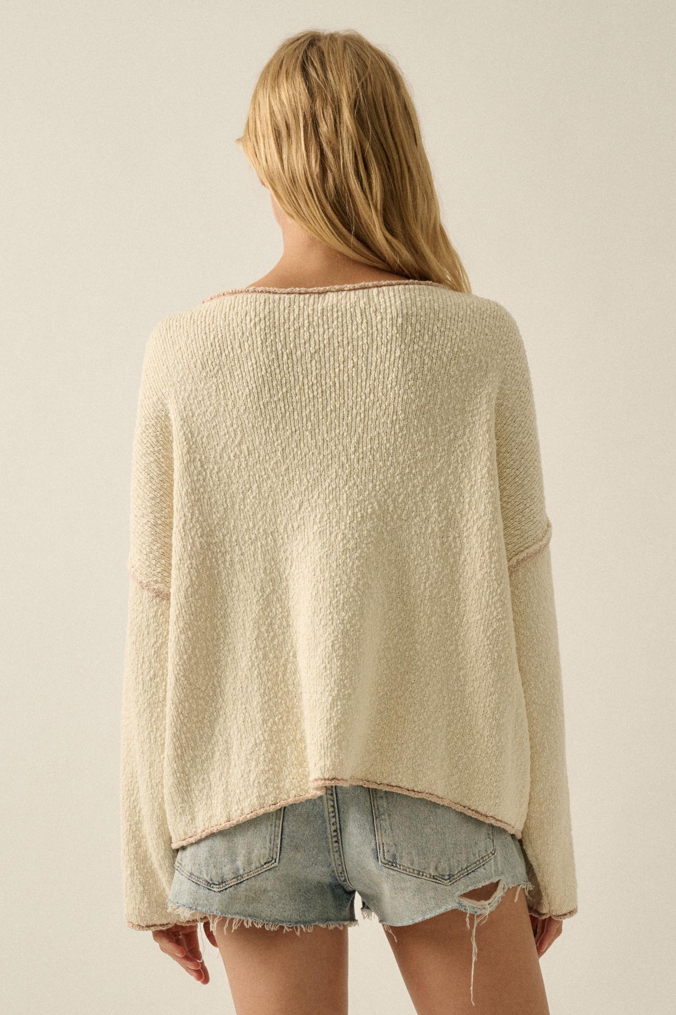 Get Cozy Textured Knit Exposed-Seam Sweater - ShopPromesa