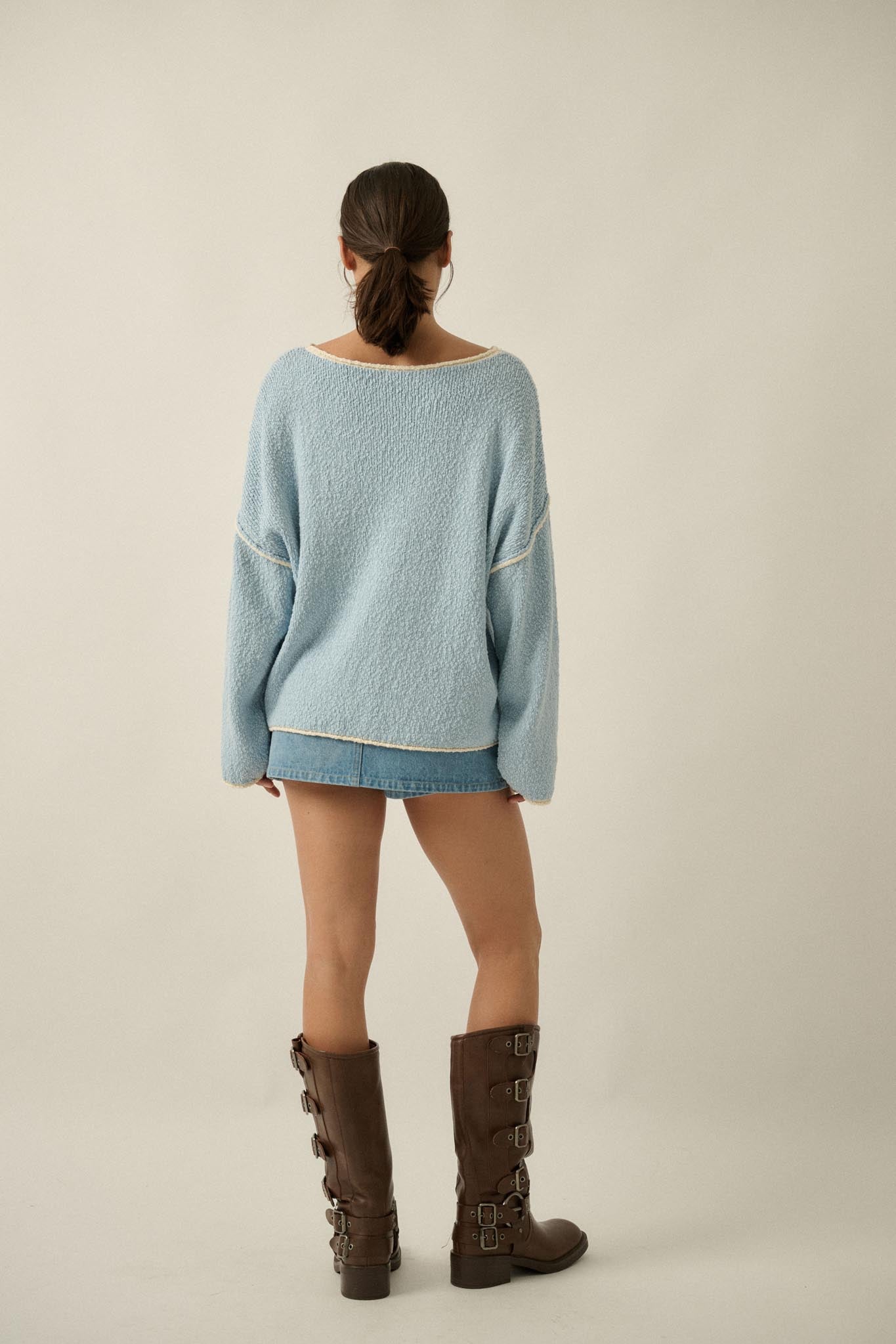 Get Cozy Textured Knit Exposed-Seam Sweater - ShopPromesa