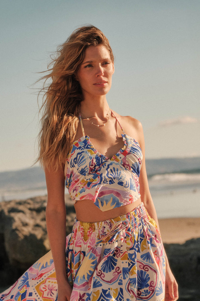 Iconic Ibiza Tile-Print Cropped Tie-Back Halter Top - ShopPromesa