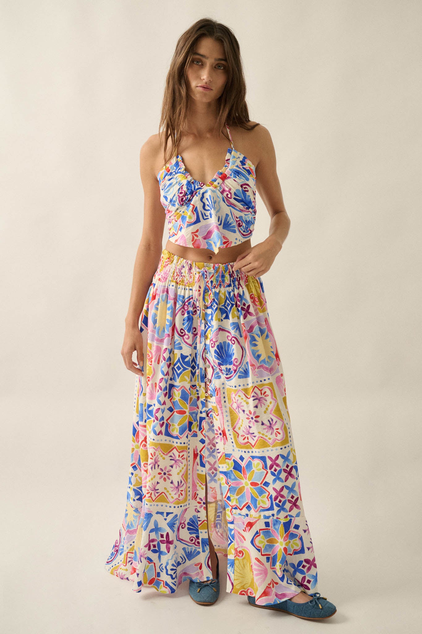 Iconic Ibiza Tile-Print Cropped Tie-Back Halter Top - ShopPromesa