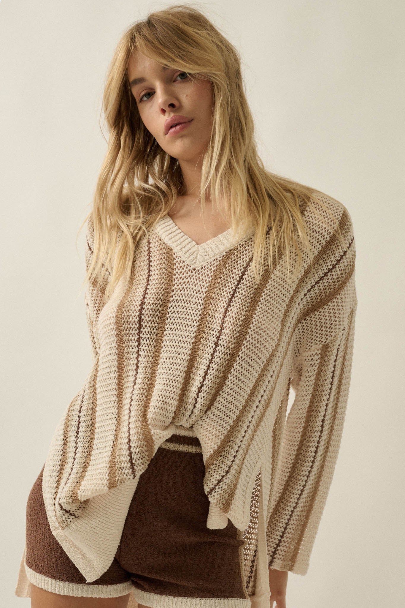 Low Tide Striped Crochet Knit Oversize Sweater - ShopPromesa