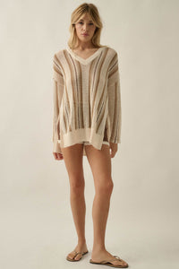 Low Tide Striped Crochet Knit Oversize Sweater - ShopPromesa