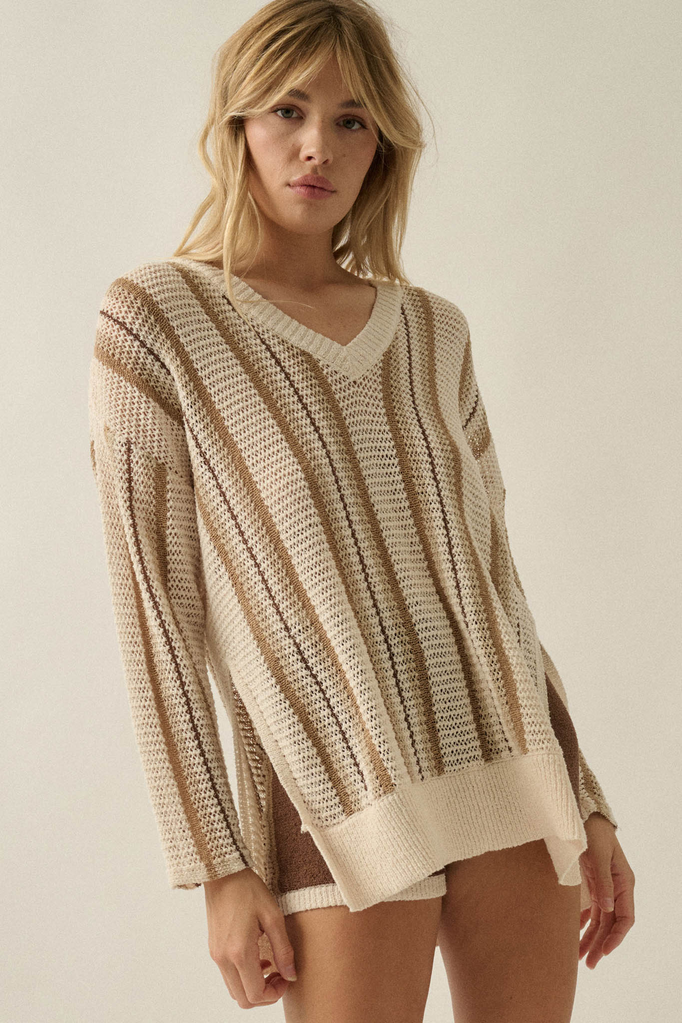 Low Tide Striped Crochet Knit Oversize Sweater - ShopPromesa