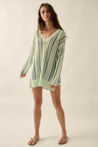 Low Tide Striped Crochet Knit Oversize Sweater - ShopPromesa