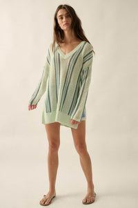 Low Tide Striped Crochet Knit Oversize Sweater - ShopPromesa