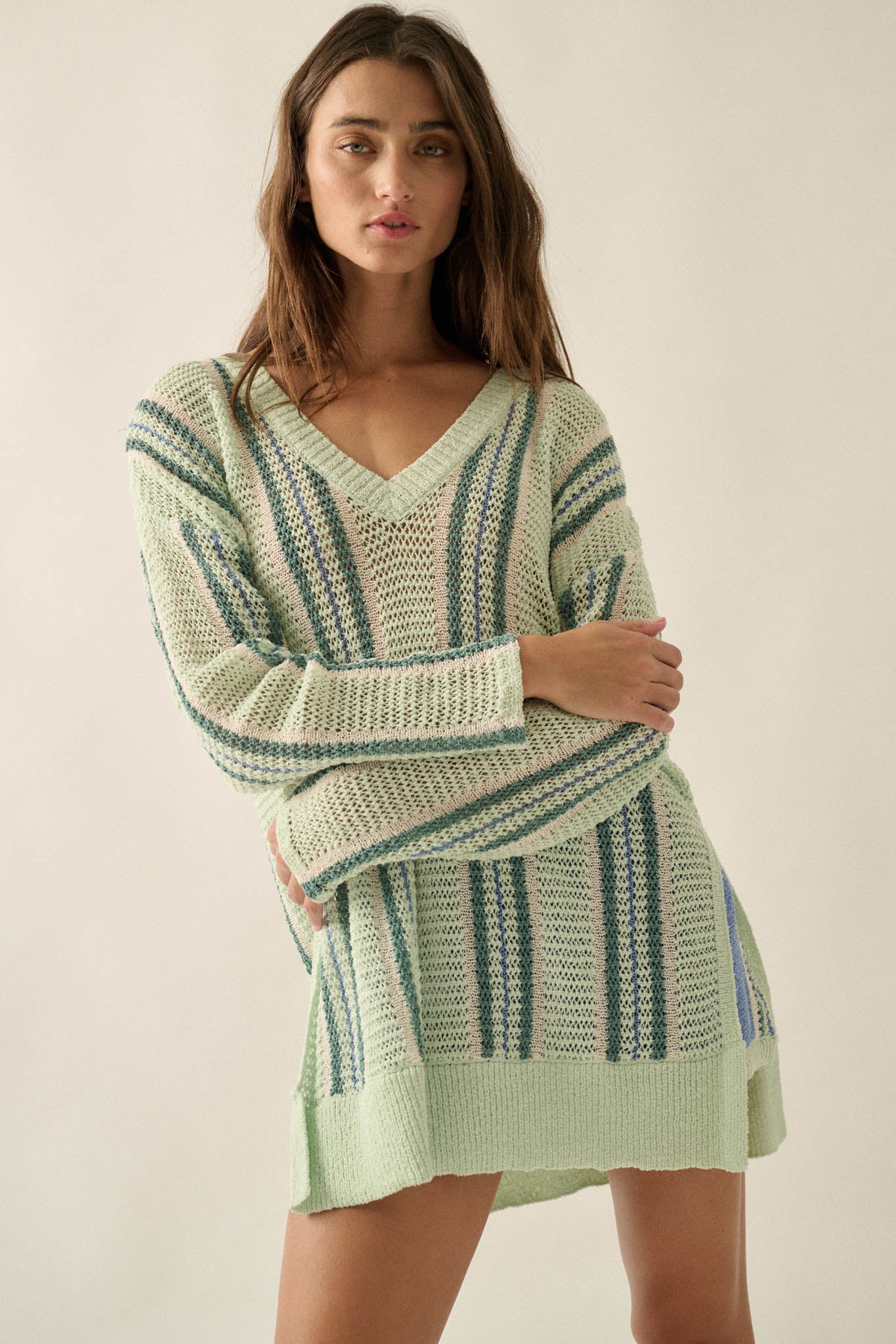 Low Tide Striped Crochet Knit Oversize Sweater - ShopPromesa