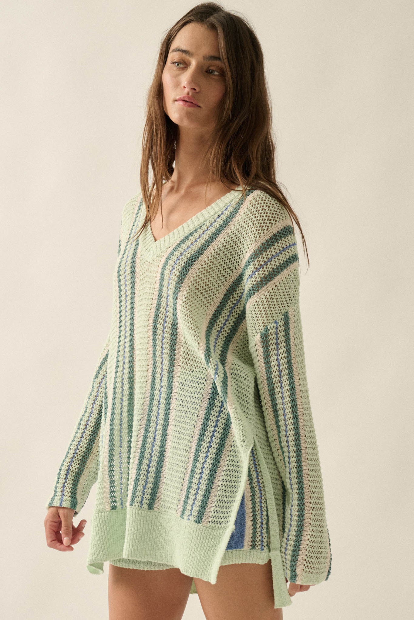 Low Tide Striped Crochet Knit Oversize Sweater - ShopPromesa