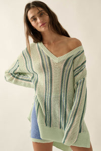 Low Tide Striped Crochet Knit Oversize Sweater - ShopPromesa