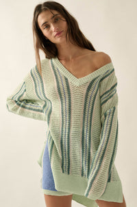 Low Tide Striped Crochet Knit Oversize Sweater - ShopPromesa