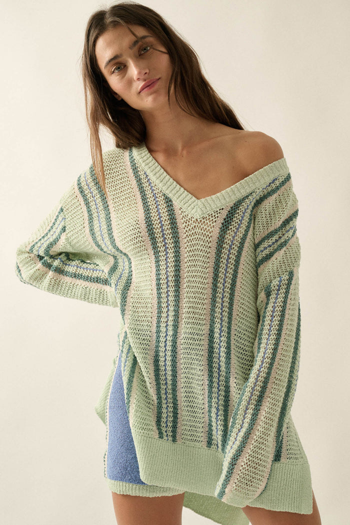 Low Tide Striped Crochet Knit Oversize Sweater - ShopPromesa