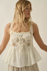 Cottage Garden Floral-Embroidered Peasant Tank Top - ShopPromesa