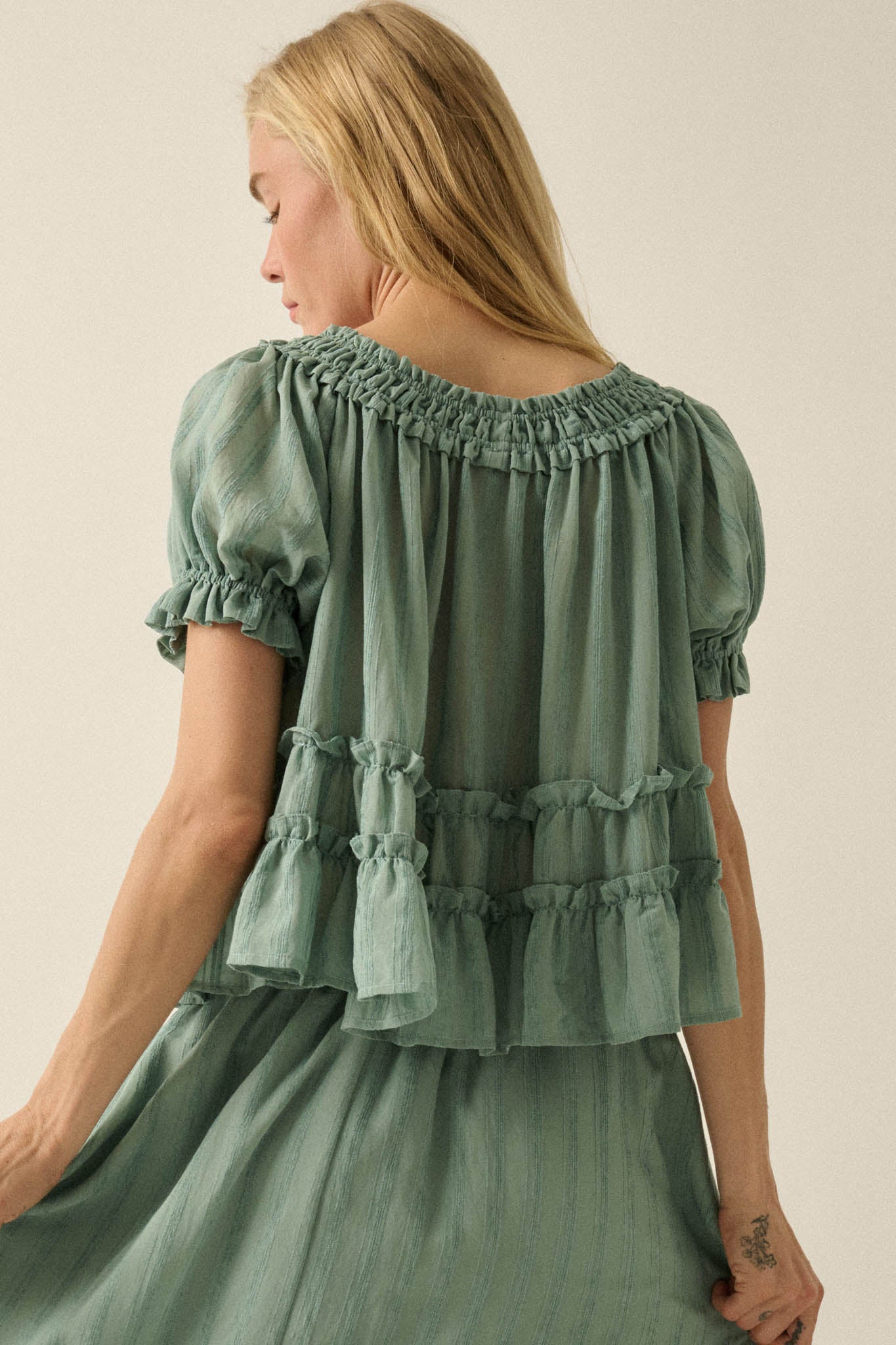 Precious Days Tonal Stripe Ruffle Babydoll Top - ShopPromesa