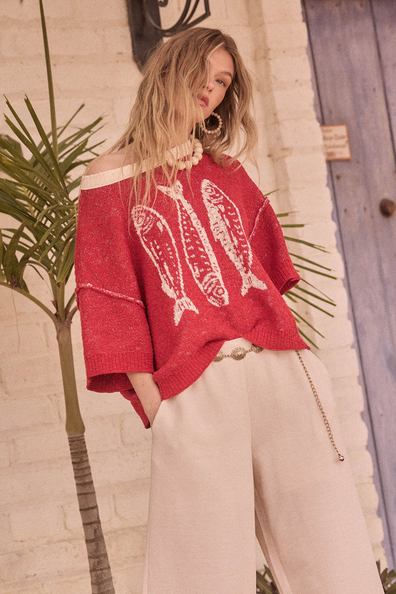 Plenty of Fish Jacquard-Knit Short-Sleeve Sweater - ShopPromesa