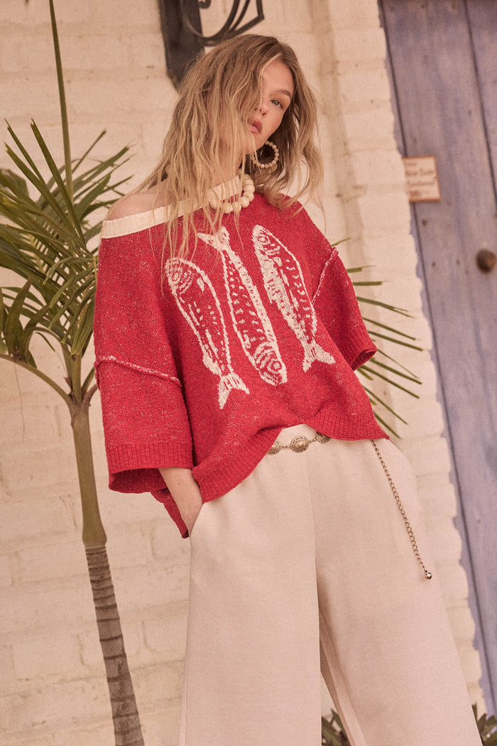 Plenty of Fish Jacquard-Knit Short-Sleeve Sweater - ShopPromesa