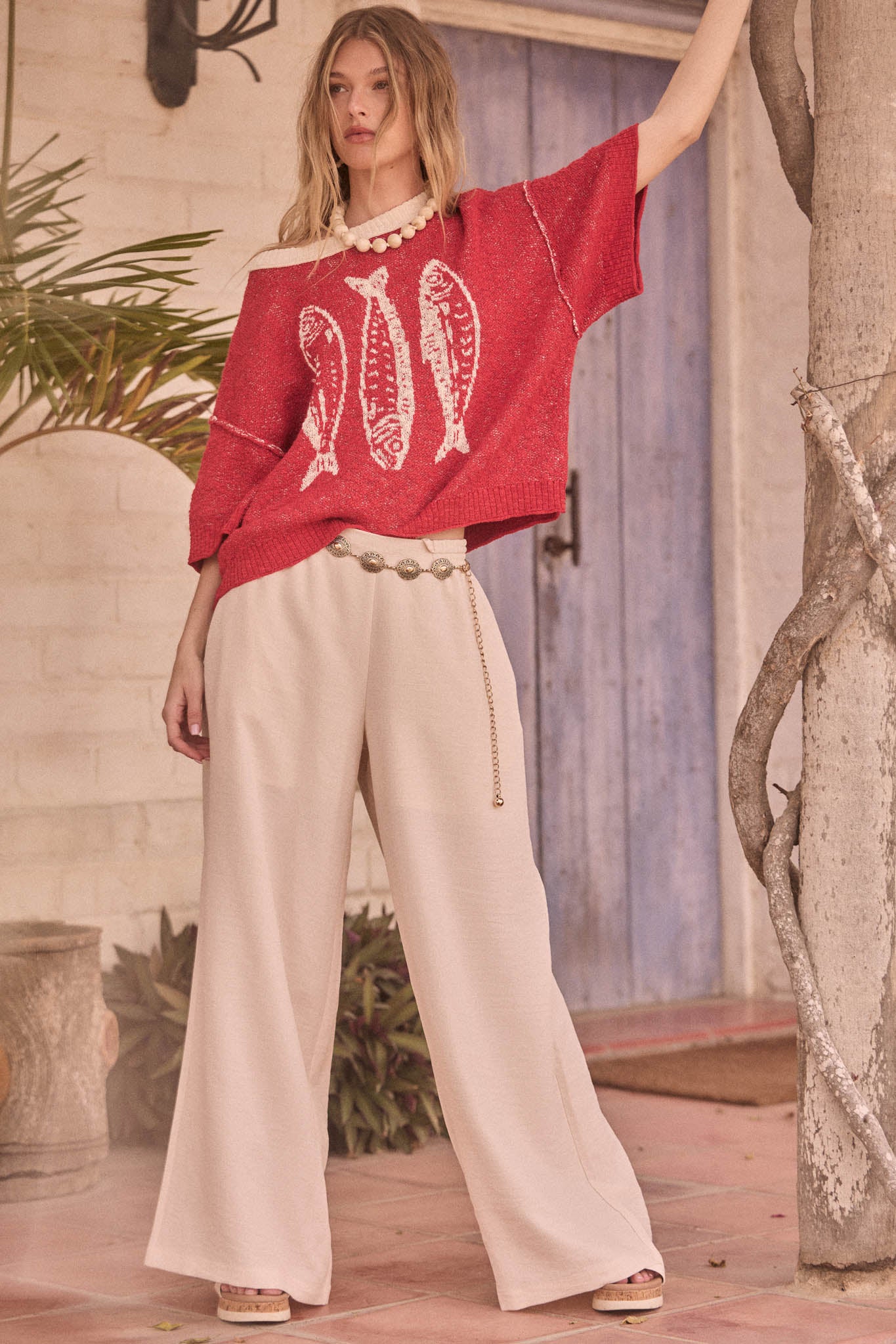 Plenty of Fish Jacquard-Knit Short-Sleeve Sweater - ShopPromesa