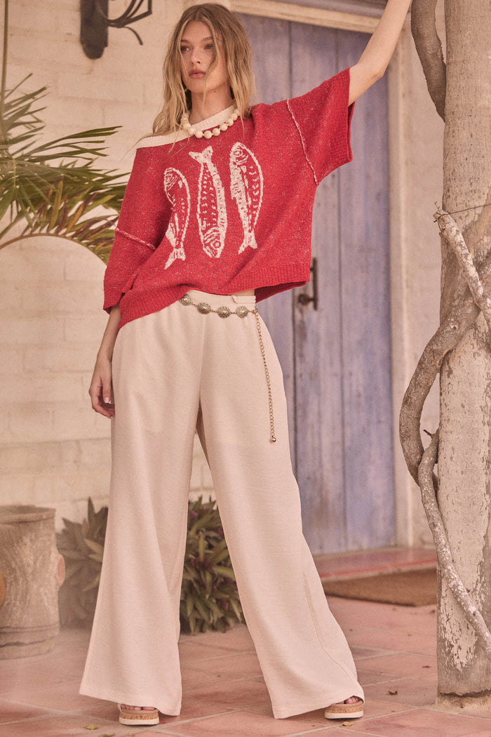 Plenty of Fish Jacquard-Knit Short-Sleeve Sweater - ShopPromesa