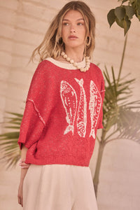 Plenty of Fish Jacquard-Knit Short-Sleeve Sweater - ShopPromesa