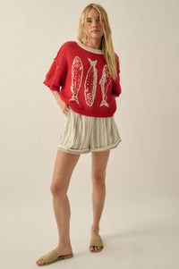 Plenty of Fish Jacquard-Knit Short-Sleeve Sweater - ShopPromesa