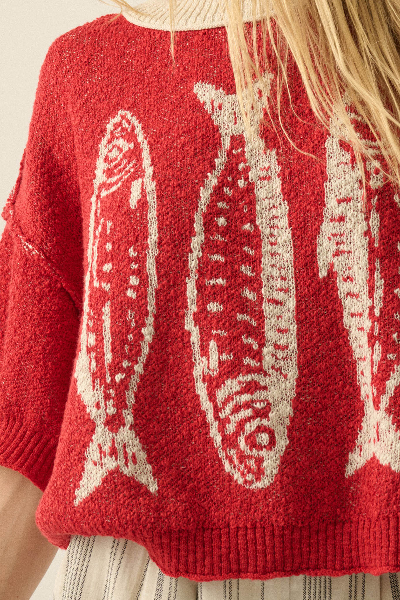 Plenty of Fish Jacquard-Knit Short-Sleeve Sweater - ShopPromesa
