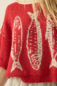 Plenty of Fish Jacquard-Knit Short-Sleeve Sweater - ShopPromesa