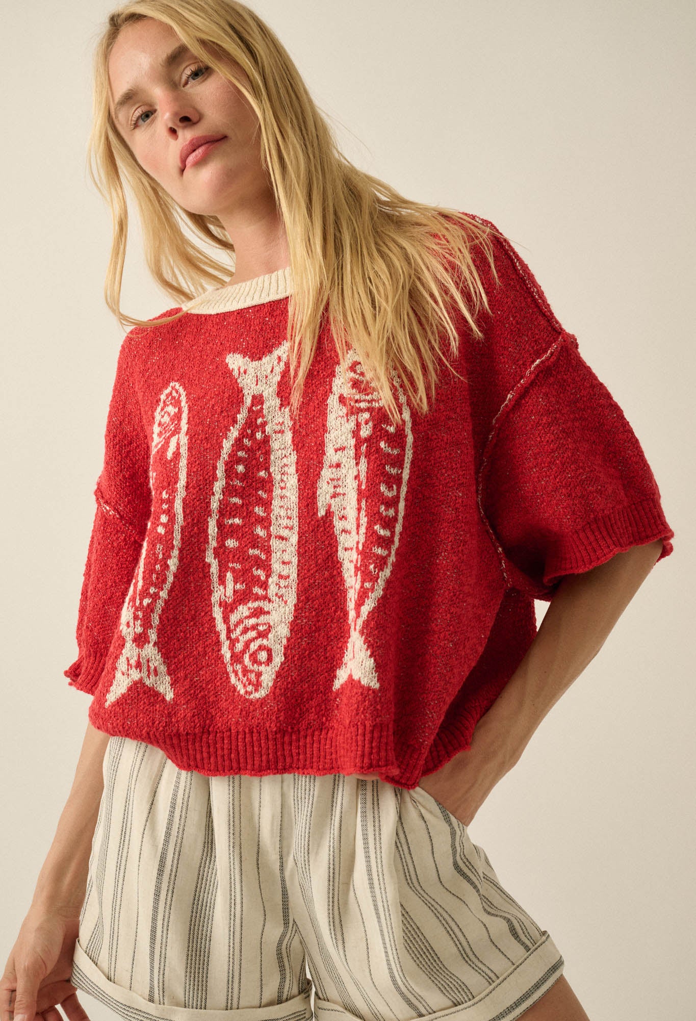 Plenty of Fish Jacquard-Knit Short-Sleeve Sweater - ShopPromesa