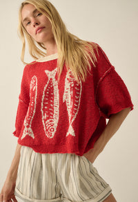 Plenty of Fish Jacquard-Knit Short-Sleeve Sweater - ShopPromesa