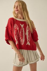 Plenty of Fish Jacquard-Knit Short-Sleeve Sweater - ShopPromesa