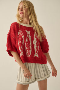 Plenty of Fish Jacquard-Knit Short-Sleeve Sweater - ShopPromesa