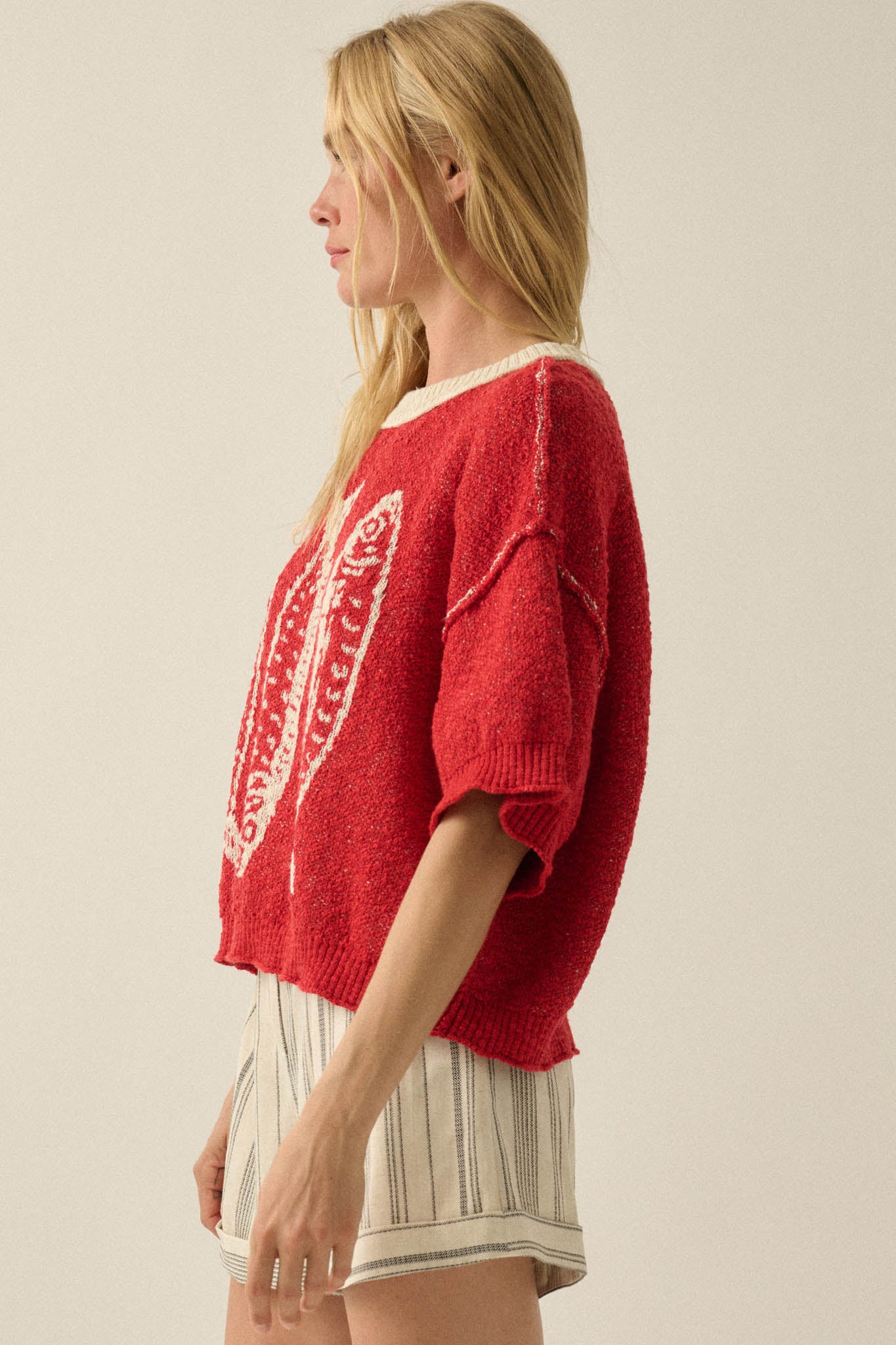 Plenty of Fish Jacquard-Knit Short-Sleeve Sweater - ShopPromesa