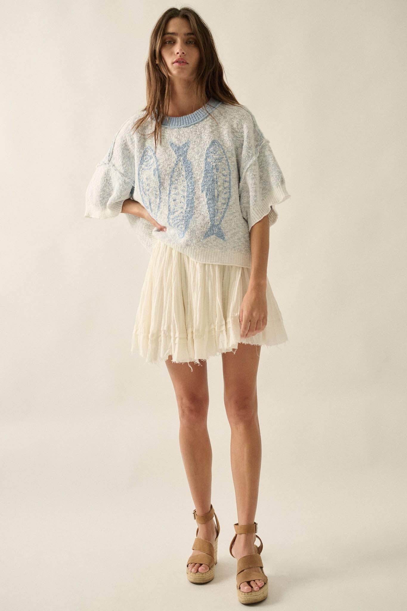 Plenty of Fish Jacquard-Knit Short-Sleeve Sweater - ShopPromesa