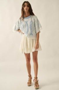 Plenty of Fish Jacquard-Knit Short-Sleeve Sweater - ShopPromesa