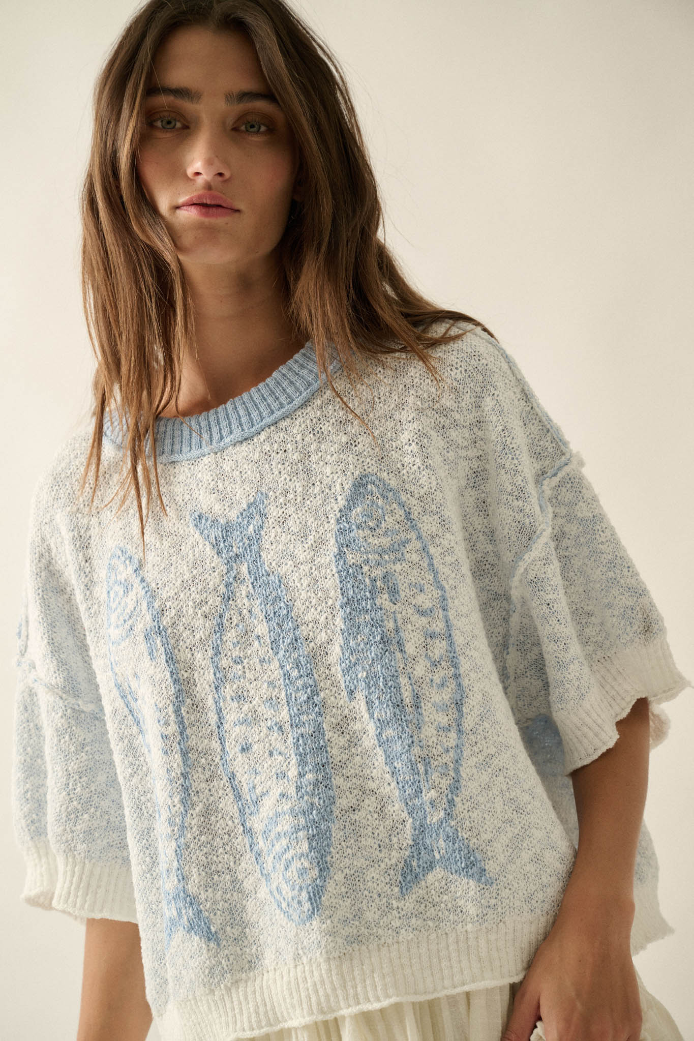 Plenty of Fish Jacquard-Knit Short-Sleeve Sweater - ShopPromesa