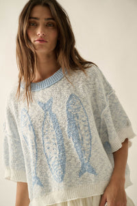 Plenty of Fish Jacquard-Knit Short-Sleeve Sweater - ShopPromesa