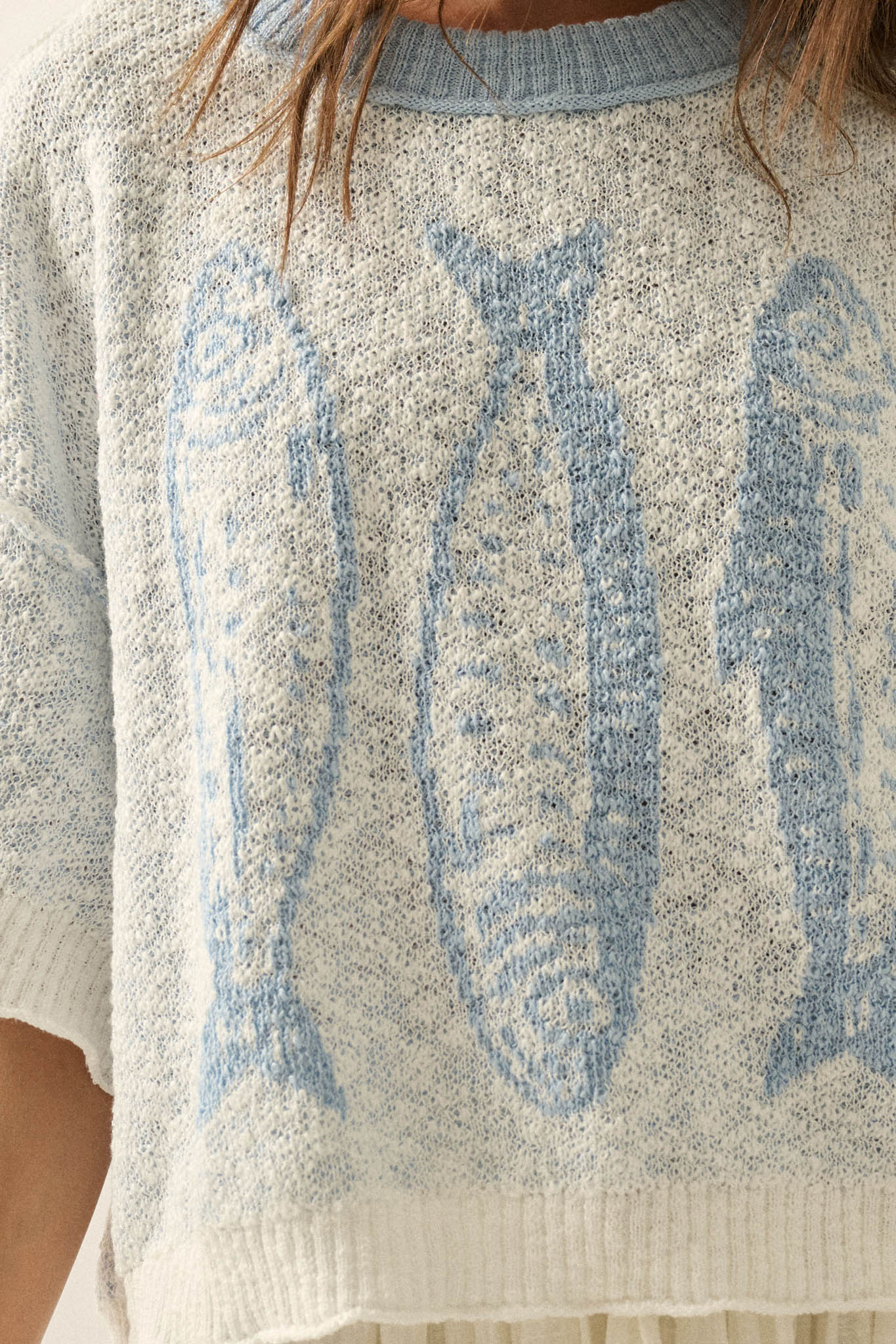 Plenty of Fish Jacquard-Knit Short-Sleeve Sweater - ShopPromesa