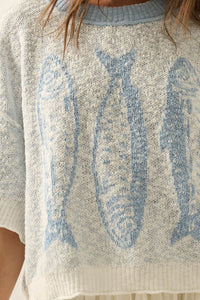 Plenty of Fish Jacquard-Knit Short-Sleeve Sweater - ShopPromesa