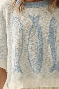 Plenty of Fish Jacquard-Knit Short-Sleeve Sweater - ShopPromesa