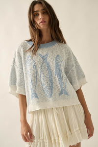 Plenty of Fish Jacquard-Knit Short-Sleeve Sweater - ShopPromesa