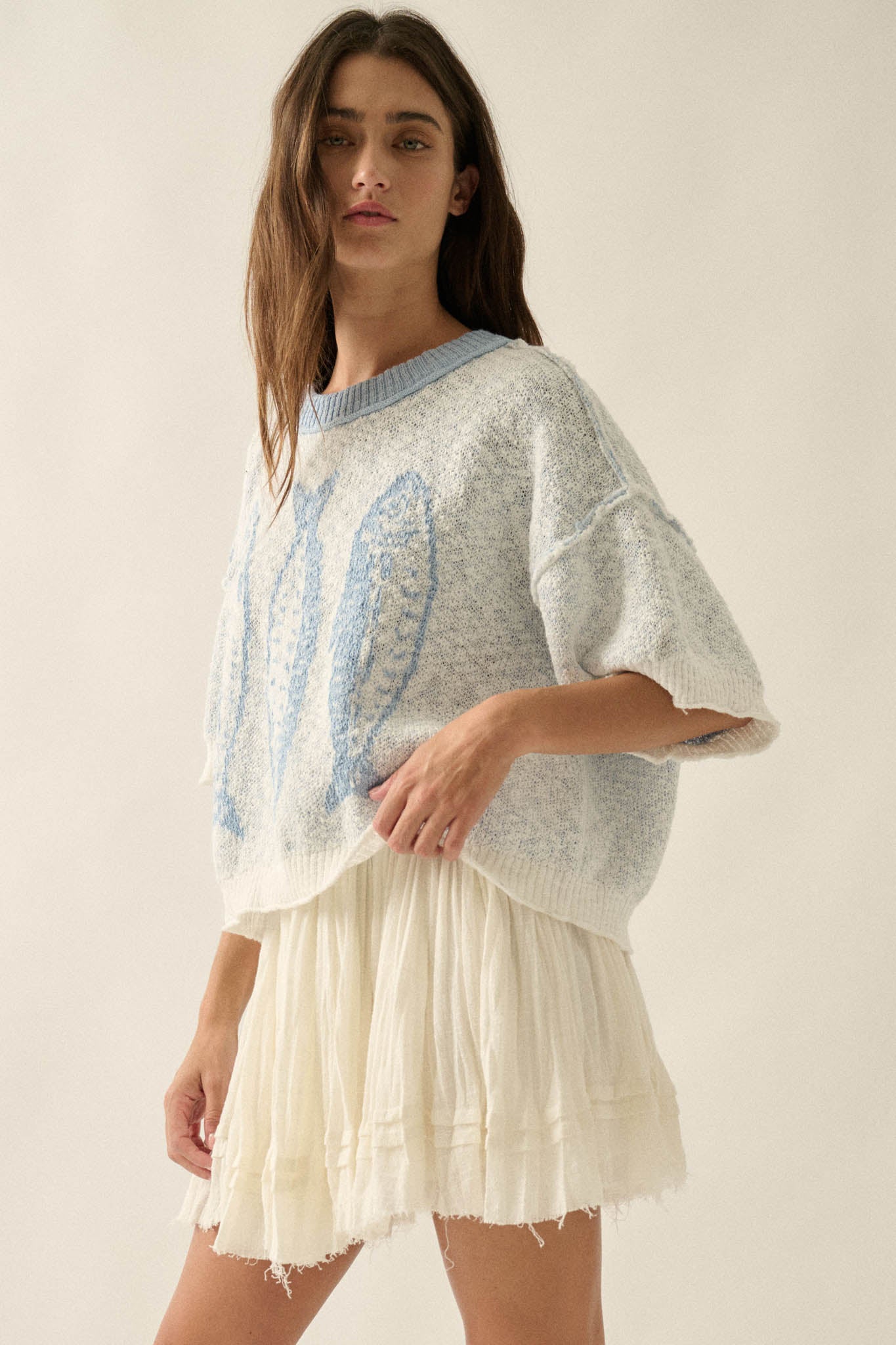 Plenty of Fish Jacquard-Knit Short-Sleeve Sweater - ShopPromesa